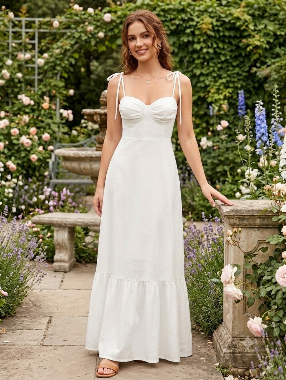 SHEIN White Maxi Dress with Ruffle Hem and Adjustable Straps